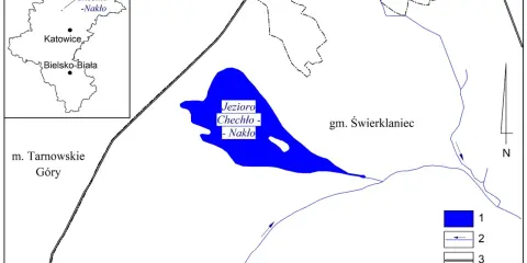 Mapa przedstawia Jezioro Chechło-Nakło, otoczone przez miejscowości takie jak Tarnowskie Góry, Lasowice i Nowe Chechło.