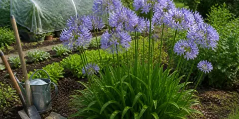 Graines agapanthe en pleine floraison dans un jardin, avec des outils de jardinage à proximité.