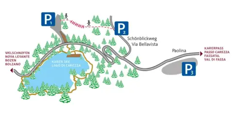 Mappa del Lago di Carezza con parcheggio gratis P1, P2, P3. Sentieri per Schönblickweg e percorsi per Welschnofen.