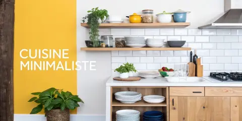 Cuisine minimaliste, un exemple de home staging réussi avec vaisselle épurée et touches végétales.