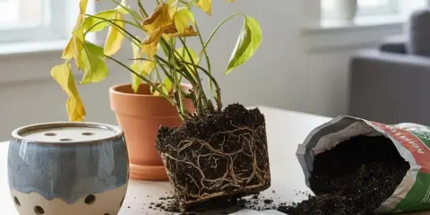 Un oranger du Mexique trop arrosé, avec ses racines exposées et ses feuilles jaunies, semble avoir besoin d'un nouveau départ.