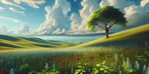 Un paesaggio collinare verdeggiante, fiorito, con un albero solitario e nuvole maestose, evoca un senso di enjambement infinito leopardiano.