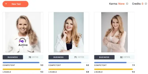 Trzy kobiety w biznesowych stylizacjach, oceniane na Photofeeler. Pierwsza z nich ma "zajebiste profilowe" i wynik 9.3 w kategorii "Likable".
