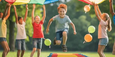 Radosne dzieci skaczą pod kolorowym spadochronem, bawiąc się wesoło. To wspaniałe zabawy z liną i balonami na trawie.