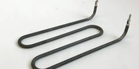 Un élément chauffant en forme de U, un **résistance tube** gris, avec des connecteurs métalliques aux extrémités, sur fond blanc.
