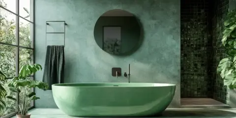 Un rilassante bagno verde con vasca ovale, piante rigogliose e una grande finestra che si affaccia sul verde.