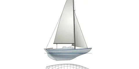 Vue latérale d'un voilier de type folk boat, avec sa ligne de flottaison et une vue en plan de sa coque.
