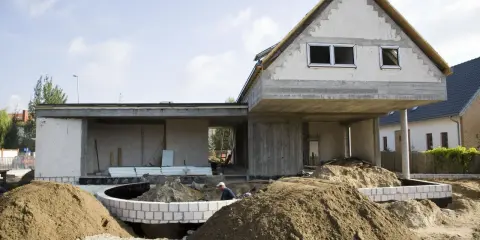 Budowa domu w stanie surowym zamkniętym: widać fundamenty, ściany z bloczków, strop i dach. Prace trwają, piasek i materiały budowlane na placu.