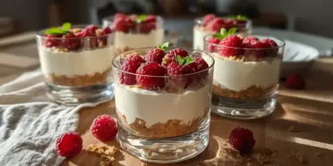 Fluffig cheesecake i glas med krossade digestivekex och färska hallon. En perfekt sommardessert!