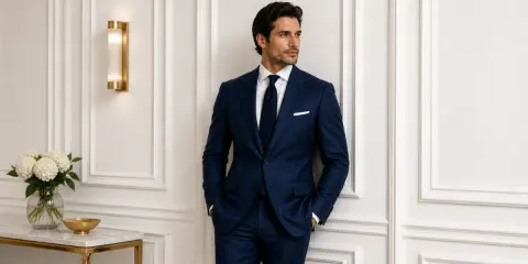 A man in a sharp, navy pinstriped tuxedo stands confidently, hands in pockets.
