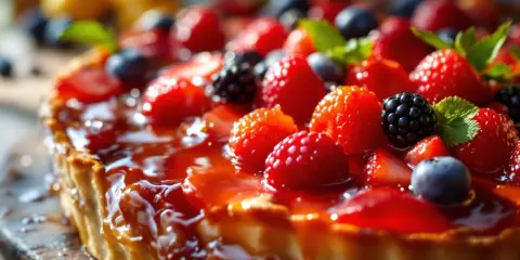 Tarte aux fruits rouges, fraises, framboises, mûres et myrtilles, nappée d'un glacage fruit rouge brillant.