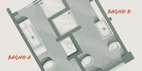 Progetto per ricavare due bagni adiacenti: Bagno A con vasca e lavabo, Bagno B con doccia, vasca e WC.