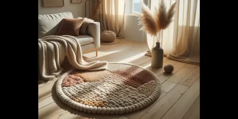 En rund ullmatta med olika texturer och färger ligger på ett trägolv. En stickad pläd ligger över en soffa i bakgrunden.