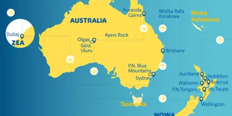 Mapa pokazuje podróż z Dubaju do Australii i Nowej Zelandii, z zaznaczonymi atrakcjami jak Uluru, Wielka Rafa Koralowa i Hobbiton.