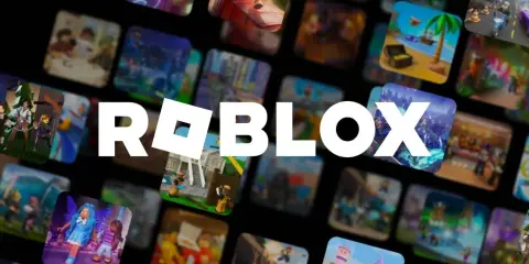 Logo Roblox otoczone mozaiką z miniaturkami fajne gry na roblox. Widać różne światy i postacie.