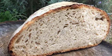 Une mie aérée et une croûte dorée pour ce pain au levain rapide, posé sur une tranche de bois.