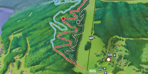 Mapa tras zjazdowych na Górze Żar. Widoczne są trasy rowerowe (niebieska, czerwona, czarna) oraz kolejka linowa.