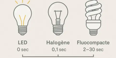 Comment reconnaître une ampoule LED : elle s'allume instantanément (0 sec), contrairement aux halogènes (0,1 sec) et fluocompactes (2-30 sec).