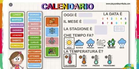 Un calendario per la scuola dell'infanzia per imparare giorni, mesi, stagioni e meteo.