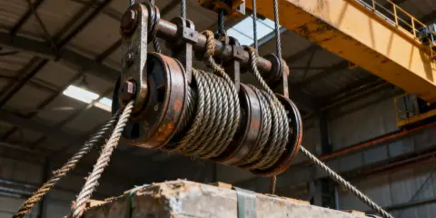 Un palan avec des poulies rouillées, prêt à soulever une charge. Le câble métallique s'enroule autour des roues pour fabriquer un palan efficace.
