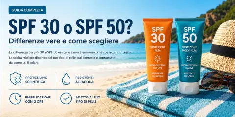 Due tubetti di crema solare SPF 30 e SPF 50 sulla spiaggia. Ricorda di mettere la crema solare tutti i giorni per proteggere la tua pelle.