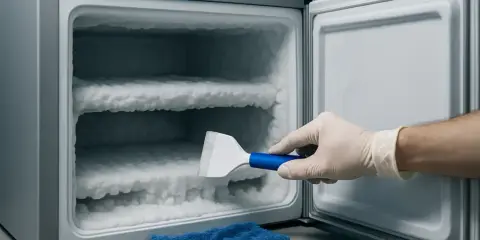 Ręka w rękawiczce usuwa lód z zamrażarki no frost. Gruba warstwa szronu pokrywa półki, wskazując na potrzebę rozmrożenia.
