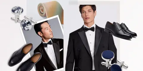A collage showcasing elements of formal styling: tuxedos, bow ties, dress shoes, and cufflinks.