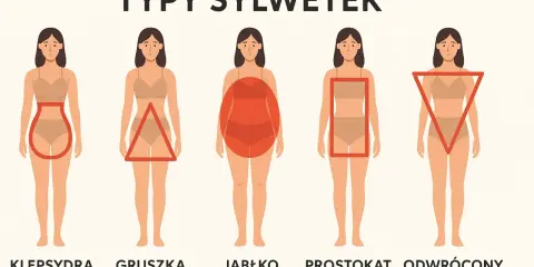 Ilustracja przedstawia pięć typów sylwetek kobiecych: klepsydra, gruszka, jabłko, prostokąt i odwrócony trójkąt.