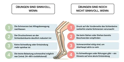 Grafik zeigt, wann Dehnen des Schienbeins sinnvoll ist: bei nachlassenden Schmerzen, reduzierten Druckschmerzen und ohne Entzündung.