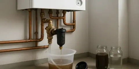 Nettoyage du circuit d'un plancher chauffant : de l'eau boueuse s'écoule d'un filtre vers un seau, montrant l'importance du désembouage.