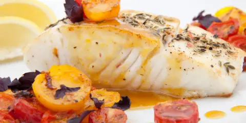 Pyszny halibut ryba, pieczony z pomidorkami koktajlowymi i ziołami, podany z cytryną.