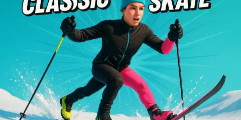 Ungdom åker skate-skidor, med texten "CLASSIC SKATE". En bra fråga är hur långa skidor man ska ha för att åka fort.
