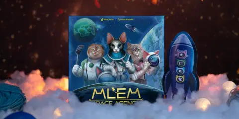 Mlem Space Agency: koty w kosmosie! Trzy futrzaki w skafandrach, jeden z łopatką, gotowe na międzygalaktyczną przygodę. Obok rakieta z kocimi symbolami.