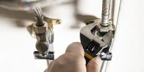Main tenant resserre un raccord sur un tuyau souple avec une clé.