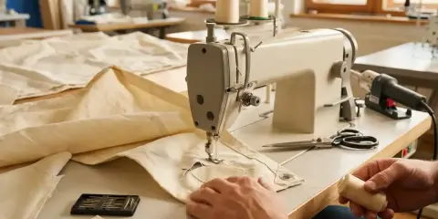 Hände arbeiten an einer Nähmaschine, um ein Segel auszubessern. Nadeln, Schere und Garn liegen bereit.
