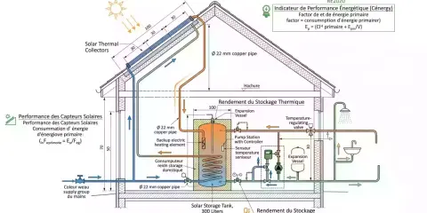 Schéma d'une installation de chauffe eau solaire avec capteurs sur le toit, réservoir de stockage et raccordements pour l'eau chaude sanitaire.