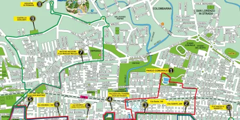 Percorso del trenino di Riccione: da Aquafan a P.le del Porto, passando per il Vecchio Riccione e il Parco Comunale.