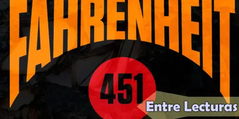 Fahrenheit 451: un resumen visual de la quema de libros. El título naranja gigante domina la imagen, con el número 451 en un círculo rojo.