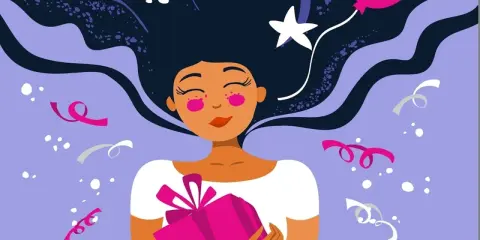Una ragazza con lunghi capelli scuri abbraccia un regalo rosa, circondata da coriandoli e un palloncino. Perfetto per auguri di buon compleanno frasi semplici.