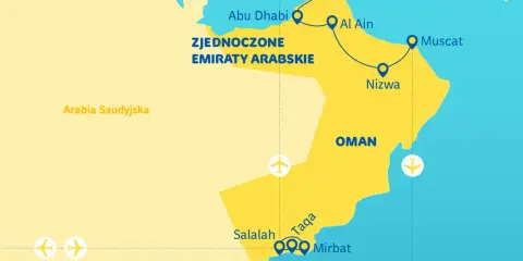 Mapa Półwyspu Arabskiego z zaznaczonym Omanem, Zjednoczonymi Emiratami Arabskimi i innymi krajami regionu.