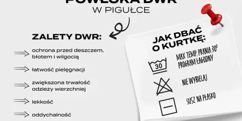 DWR co to? Powłoka DWR chroni przed deszczem, błotem i wilgocią, jest lekka i trwała. Dbanie o kurtkę: pranie w 30°C, program łagodny, nie wybielać, suszyć na płasko.