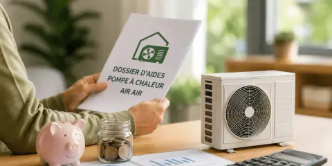 Une personne examine un dossier sur le prix d'une pompe à chaleur air air, avec une tirelire et une calculatrice à proximité.
