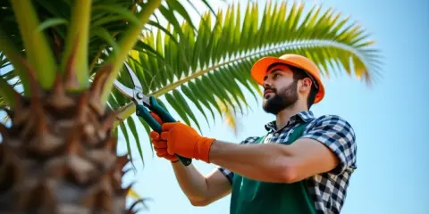 Un jardinier, casque orange et gants, utilise des sécateurs pour savoir comment tailler un palmier.