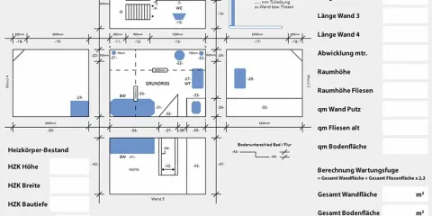 Grundriss mit Maßen, der den estrich aufbau und die Berechnung von Wand- und Bodenflächen zeigt.