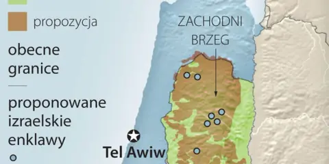 Mapa Zachodniego Brzegu z zaznaczonymi obecnymi i proponowanymi granicami. Izrael jaki kontynent? To skomplikowana kwestia.