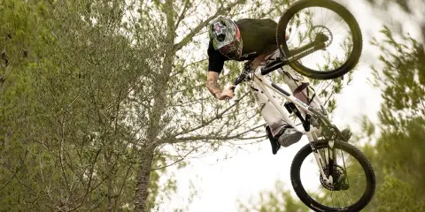 Tomas Lemoine fliegt mit seinem Mountainbike durch die Luft, umgeben von Bäumen.