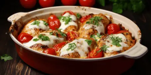 Pyszny filet z kurczaka zapiekany z mozzarellą i pomidorami, posypany świeżą natką pietruszki, w ceramicznym naczyniu.