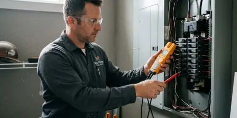 Elektriker kontrollerar elcentralen, inklusive huvudbrytare 40a, med en multimeter.