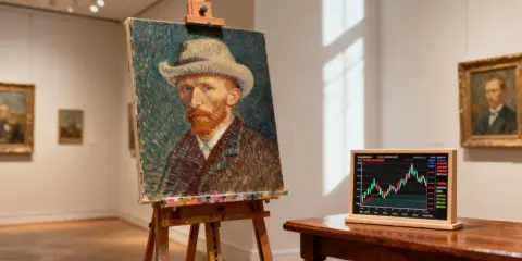 A Van Gogh painting is displayed next to a tablet showing a stock market graph, symbolizing a fine art investment fund.