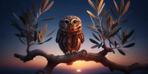 Un piccolo assiuolo, con occhi grandi e curiosi, siede su un ramo al tramonto. L'analisi della sua posa suggerisce tranquillità.